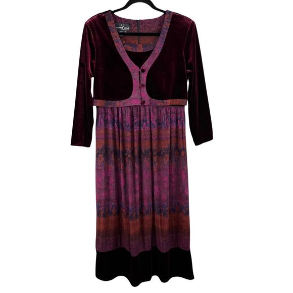 VTG Carole Little Petite Maroon Burnout Velvet Floral Jacket Midi Dress 12/14 - Picture 1 of 16